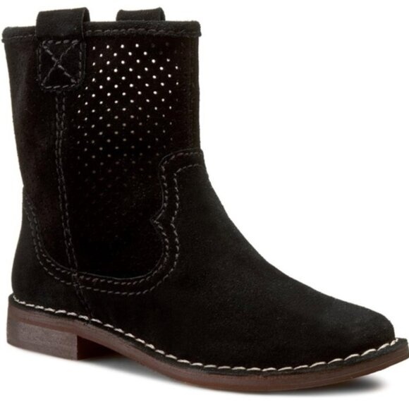 CLARKS Somerset Black Cabaret Stage Perforated Western Suede Ankle Boots 9.5 - Picture 1 of 12